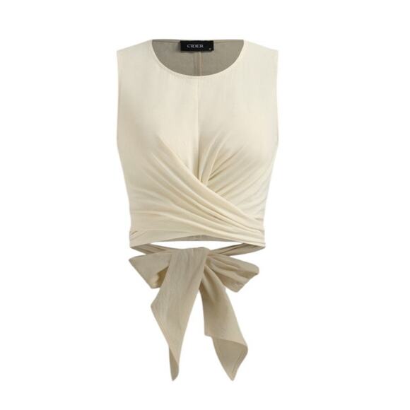 Micas Women's Beige XLarge Round Neckline Knotted Solid Tank Crop Top - Picture 3 of 6